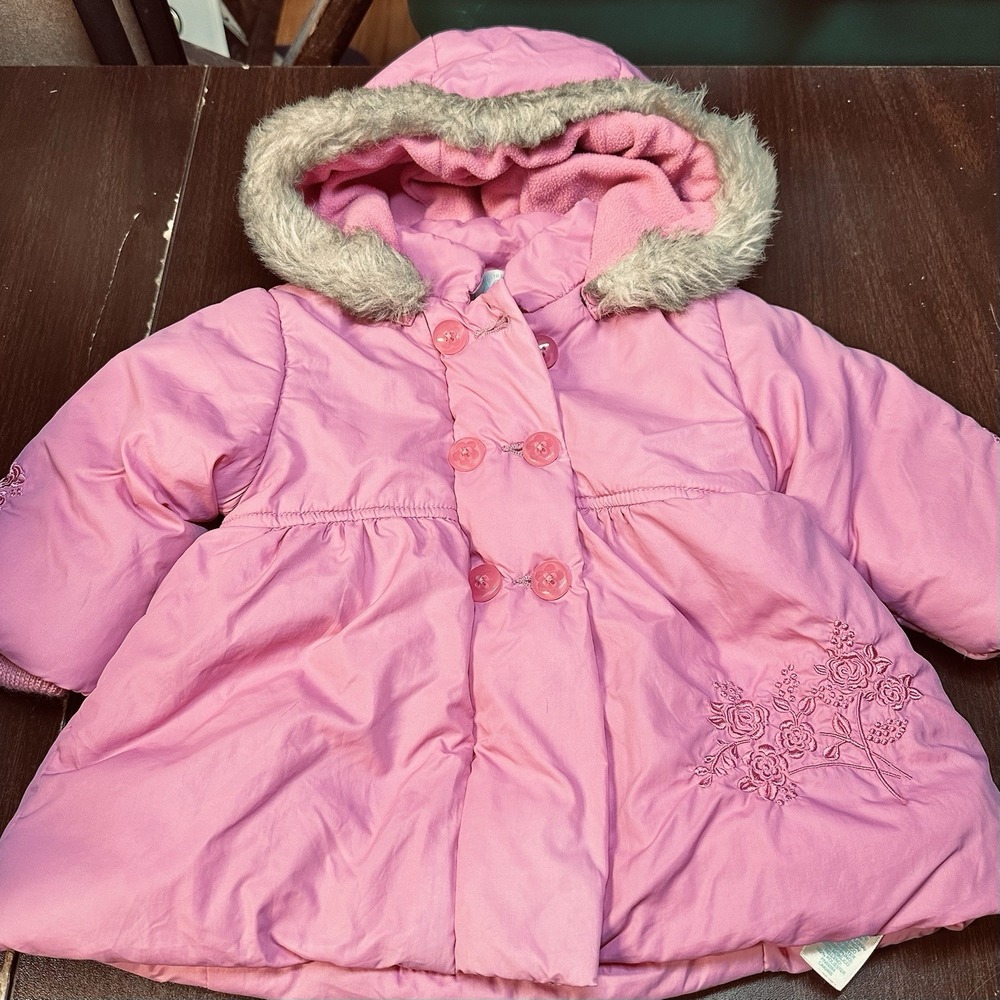 The Children's Place Pink Floral Puffer Coat Faux Fur Hood Girls 6-9 Mo Y2K VGC